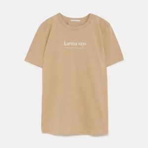 Zara "Karma Tan Camel  Slogan Tan T Shirt Top   S